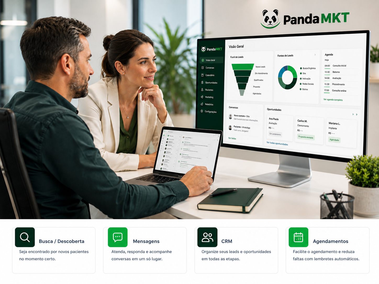 Equipe administrativa de clínica analisando painel de leads, conversas, agenda e oportunidades comerciais